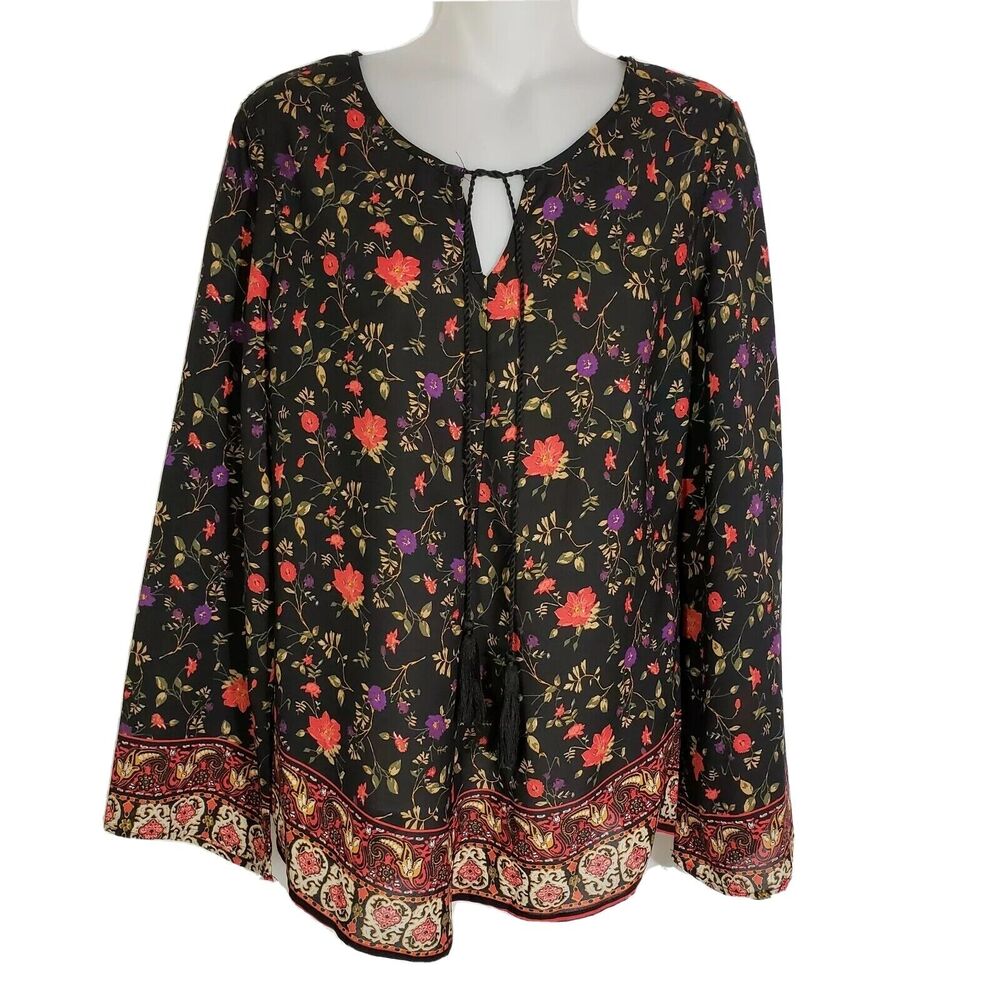 By Design Womens Blouse Small Floral Black Paisley Bohemian Tassel Bell Sleeve
